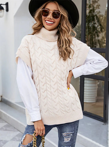 WOMEN TURTLENECK TWIST SLEEVELESS PULLOVER SWEATER