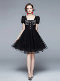 BLACK LACE EMBROIDERED BOW SHORT SLEEVE DRESS
