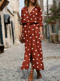 DOT PRINT LONG SLEEVE BUTTON LONG DRESS