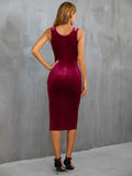 SQUARE NECK SPLIT VELVET SLING DRESS