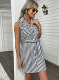 SHIRT LAPEL SLEEVELESS STRIPED DRESS