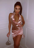 SATIN RHINESTONE CHAIN DEEP V FOLD DRESS