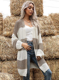 CONTRAST COLOR LONG SLEEVE CARDIGAN STRIPED SWEATER COAT