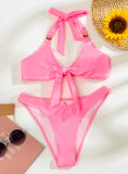 SPLIT GATHERED DEEP V TETHER BACKLESS BIKINI