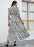 V-NECK PRINTED BUBBLE SLEEVE DRESS
