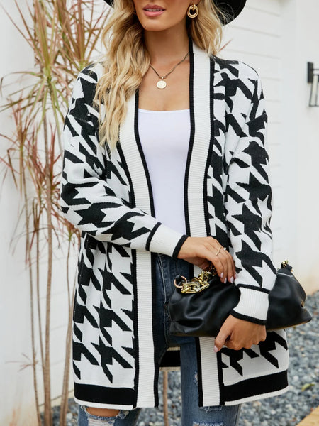 COLOUR MATCHING HOUNDSTOOTH LONG SLEEVE SWEATER COAT