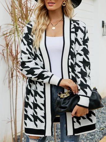 COLOUR MATCHING HOUNDSTOOTH LONG SLEEVE SWEATER COAT