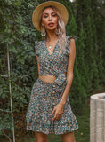 FLORAL FLOUNCE SLEEVELESS SKIRT TWO-PIECE SUIT