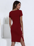 KNITTED ROUND NECK SPLIT SLIM DRESS