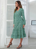 V-NECK HIGH WAIST CASUAL PRINTED FLOUNCE DRESS