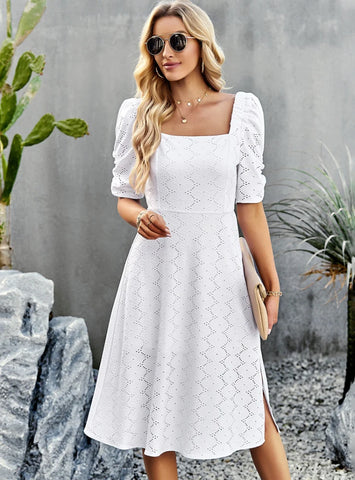 SOLID COLOR SHORT-SLEEVED SQUARE COLLAR DRESS