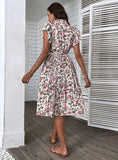 PRINTED CASUAL PLEATED LACE-UP DRESS