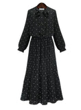 ROUND NECK LONG SLEEVE SOLID BLACK CHIFFON DOT LOOSE DRESS