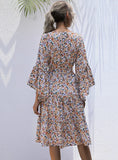 LOTUS LEAF ROUND COLLAR FLORAL TRUMPET SLEEVE DRESS