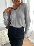 STITCHING LACE SOLID COLOR V-NECK KNITTED SWEATER