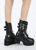 RIVET MIDDLE TUBE BELT BUCKLE THICK HEEL BOOTIE