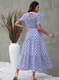 ROUND NECK BUBBLE SLEEVE POLKA DOT PRINT DRESS