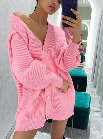 V NECK KNITTED SWEATER CARDIGAN WOMEN