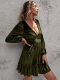 DEEP V-NECK PUFF SLEEVE VELVET RUFFLED DRESS