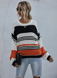 COLOR MATCHING LOOSE KNIT ROUND NECK PULLOVER