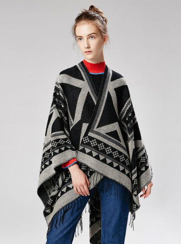 INDIA NEPAL GEOMETRIC TASSEL SPLIT LONG CLOAK