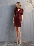 V-NECK SHORT SLEEVE SEQUINS PARTY DRESS