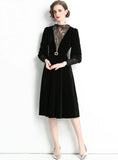 RETRO BUBBLE SLEEVE LACE VELVET DRESS