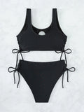 SOLID COLOR HIGH WAIST SWIMSUIT LACE-UP BIKINI