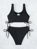 SOLID COLOR HIGH WAIST SWIMSUIT LACE-UP BIKINI
