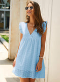 OUT V NECK BUTTERFLY SLEEVE HOLLOW LACE DRESS