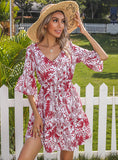 V-NECK PRINTED TRUMPET SLEEVE LEAF DRESS
