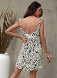 V-NECK PRINT LACE-UP SHORT DRESS