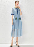 RETRO BLUE BUBBLE SLEEVE LACE EMBROIDERY STITCHING DRESS