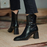 WOMEN THICK LEATHER HEEL SQUARE HEAD BOOTS