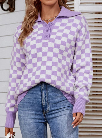 WOMEN CONTRAST CHECK POLO SWEATER