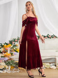 SPLIT VELVET OFF THE SHOULDER STRAPS DRESS