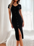 SOLID COLOR BLACK SLIM SLIT DRESS