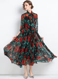 ROSE PRINTED SLIM LONG SLEEVE CHIFFON DRESS