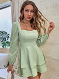 SQUARE COLLAR LONG SLEEVE RUFFLED MINI DRESS