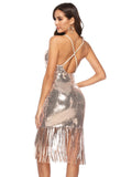 STRAP BACKLESS FRINGED SEQUINED DRESS