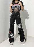 PRINTED SLIT POCKETS STRAIGHT PANTS JEANS