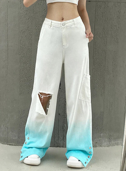 BLUE GRADIENT RIPPED STRAIGHT PANTS JEANS