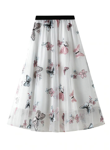 EMBROIDERED BUTTERFLY GAUZE SKIRT