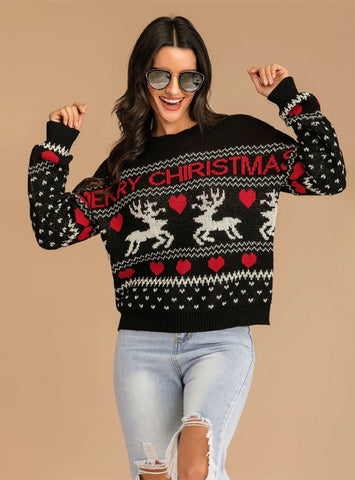 CHRISTMAS REINDEER CONTRASTING CREWNECK SWEATER