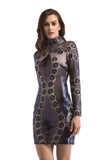 LONG SLEEVE HIGH NECK SEQUINED MINI SHORT DRESS