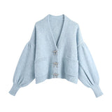 WOMEN FASHION RHINESTONE BUTTONS LOOSE KNITTED CARDIGAN
