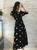V-NECK LADIES LONG DRESS CASUAL HALF SLEEVE DOT DRESS
