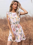 PRINTED ROUND NECK STITCHING FLOUNCE DRESS