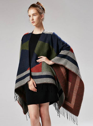 JACQUARD GEOMETRIC TASSEL MATCHING CONTRAST SPLIT CLOAK
