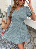 PRINTED V-NECK RUFFLED LACE-UP DRESS
